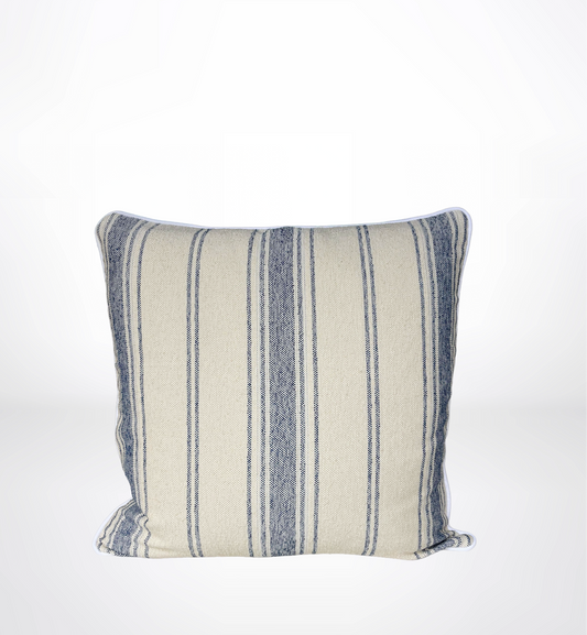 A square throw pillow with vertical stripes in navy blue and cream, set against a plain white background.