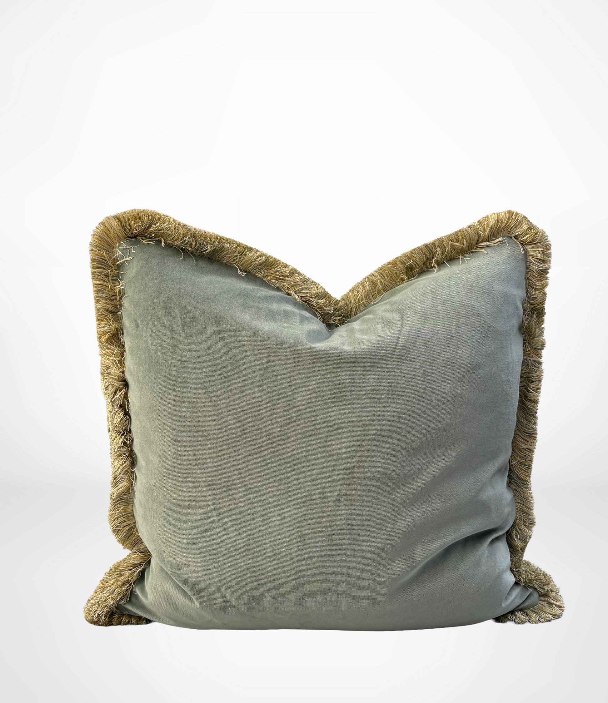 sage green pillow with brown trim on a white background