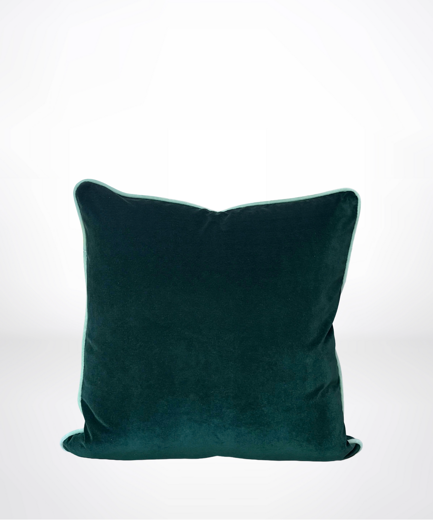 A square dark teal green velvet throw pillow centered against a clean white studio background.