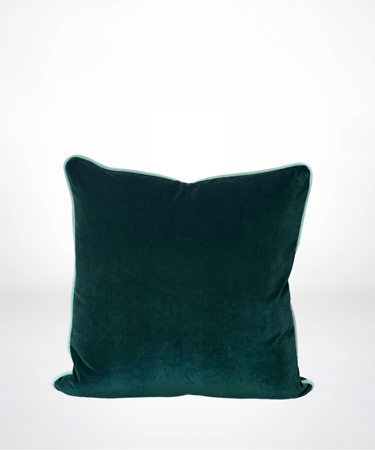 A square dark teal green velvet throw pillow centered against a clean white studio background.