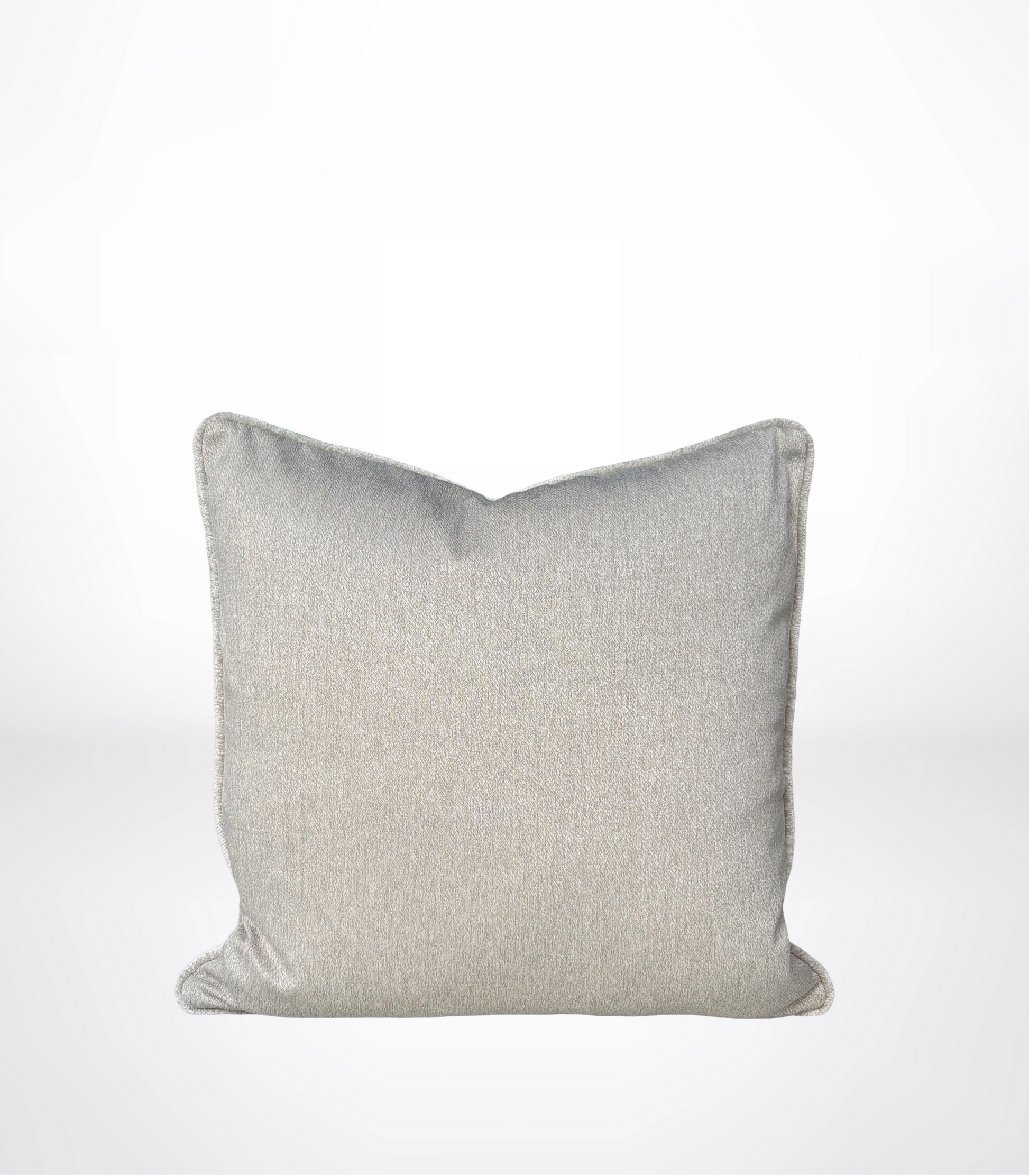 A square throw pillow in a textured light gray fabric, centered against a clean white background.