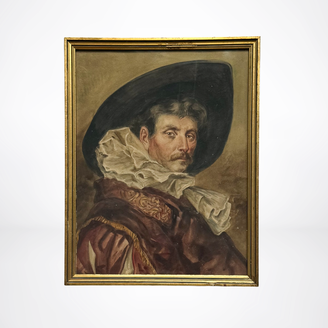Portrait painting of a man with a wide-brimmed hat and lace collar in a gold frame.