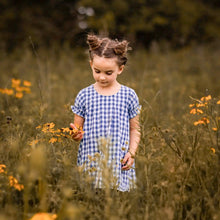 Load image into Gallery viewer, blue and white kid&#39;s gingham short sleeved dress