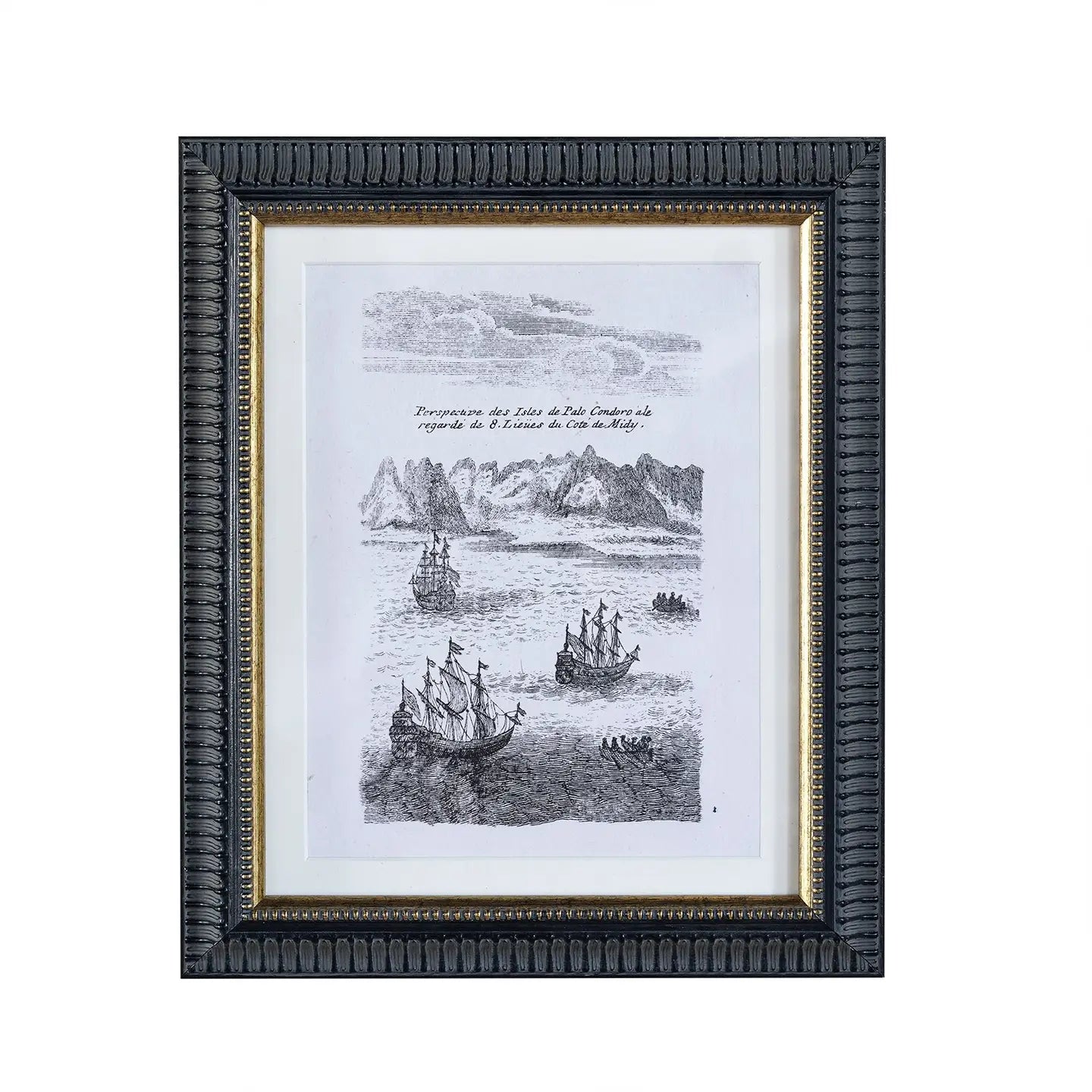 A black and gold picture frame with a textured design, containing a vintage style drawing of ships and mountains.