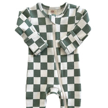 Load image into Gallery viewer, green and white check zip up baby pajamas