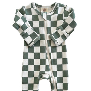 green and white check zip up baby pajamas