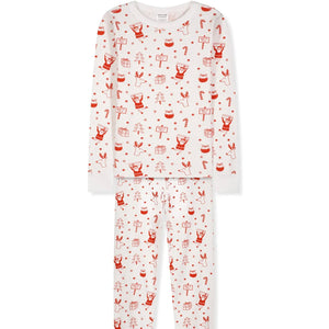 white kid's pajama set with red Christmas icons