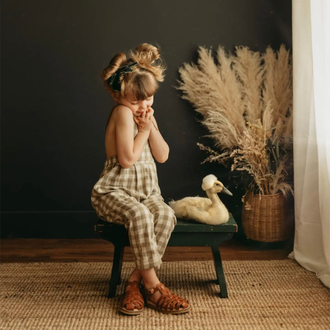 brownish green and cream gingham check kid's overalls