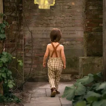 brownish green and cream gingham check kid's overalls with brown straps
