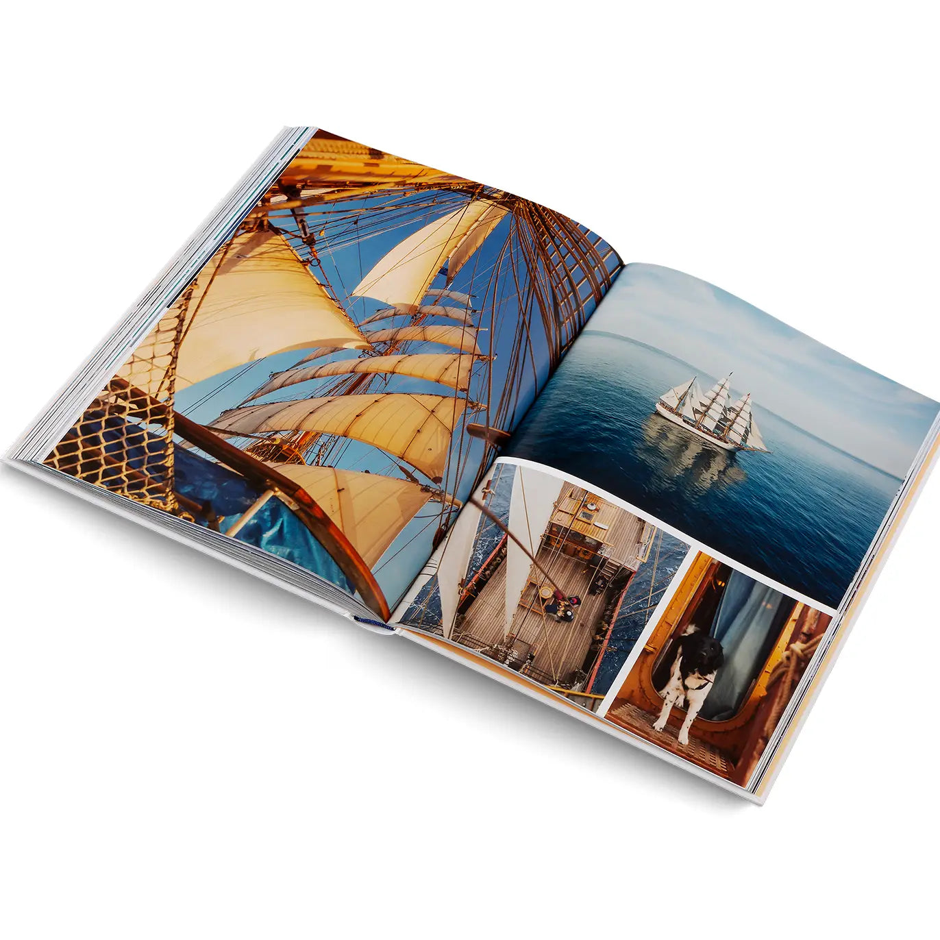 Open book showing images of a sailboat with close-up details on a white background