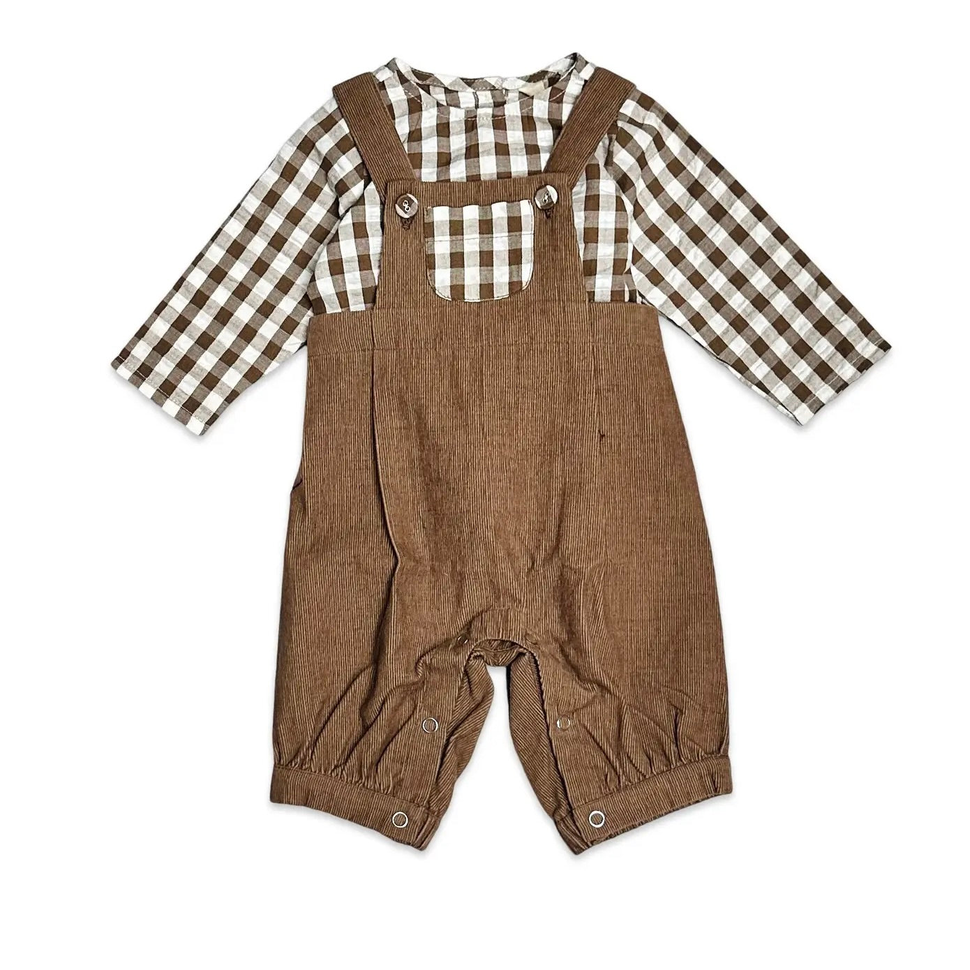 Organic Gingham Shirt + Corduroy Overall Set