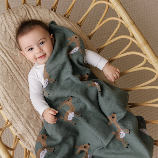 forest green baby blanket with brown deer