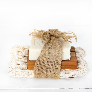 off white wash mitt with wood soap holder and off white handmade soap