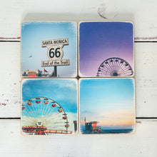 Load image into Gallery viewer, tumbled marble square coasters with photos of Santa Monica-set of four
