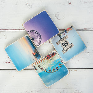 tumbled marble square coasters with photos of Santa Monica-set of four