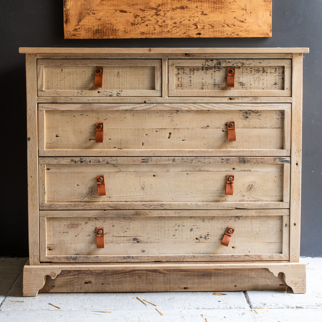 rustic pine wood five drawer dresser with leather handles