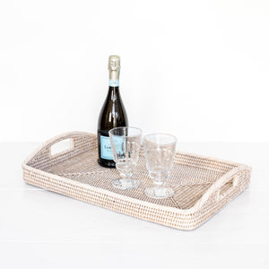 Rectangle white wicker tray with handles