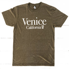 Load image into Gallery viewer, cotton polyester khaki brown short sleeved tee shirt with Venice California in white on front 