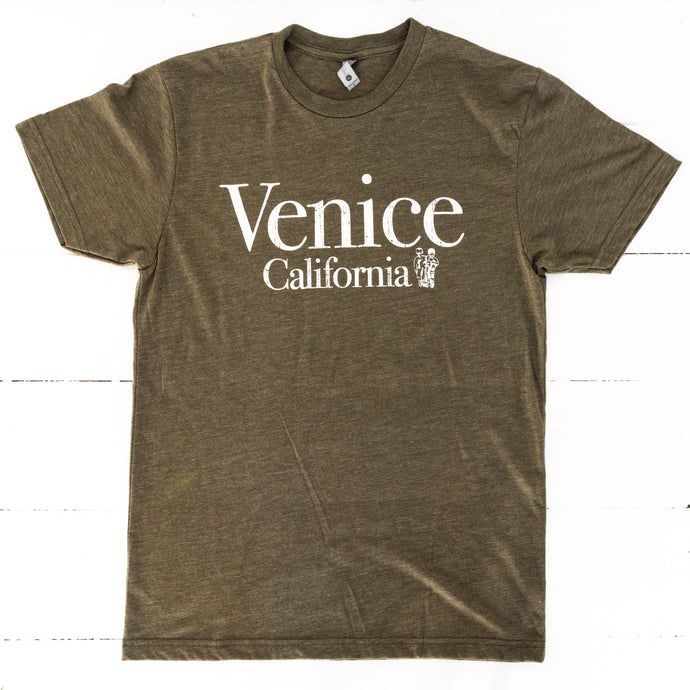 cotton polyester khaki brown short sleeved tee shirt with Venice California in white on front 