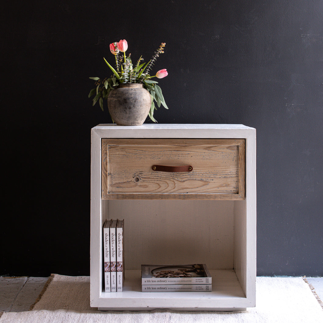 white and natural wood  cube nightstand with brown leather handle