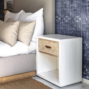white and natural wood  cube nightstand with brown leather handle