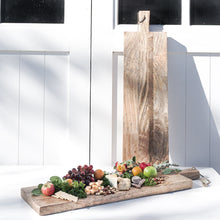 Load image into Gallery viewer, rectangle serving/bread board made of Mango wood, with handle and leather loop for hanging