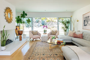 photo of a living room with white sofa, area colored upholstered chairs, gold mirror above fireplace, a conga drum and houseplants