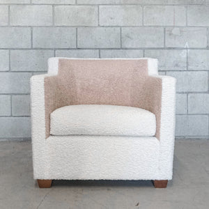 The Bardot Chair-Arm chair with nubby cozy fabric, wood feet