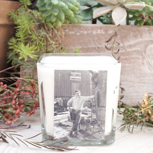 Clear glass candle, vintage photo label, fraser fir scent