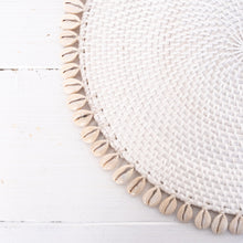 Load image into Gallery viewer, round white rattan placemat with off white shells on edge