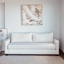 Load image into Gallery viewer, white cotton upholstered sofa with bench cushion and two back pillows