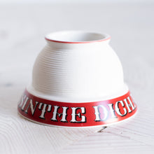 Load image into Gallery viewer, white porcelain match strike container with red base and white letters  Edit alt text