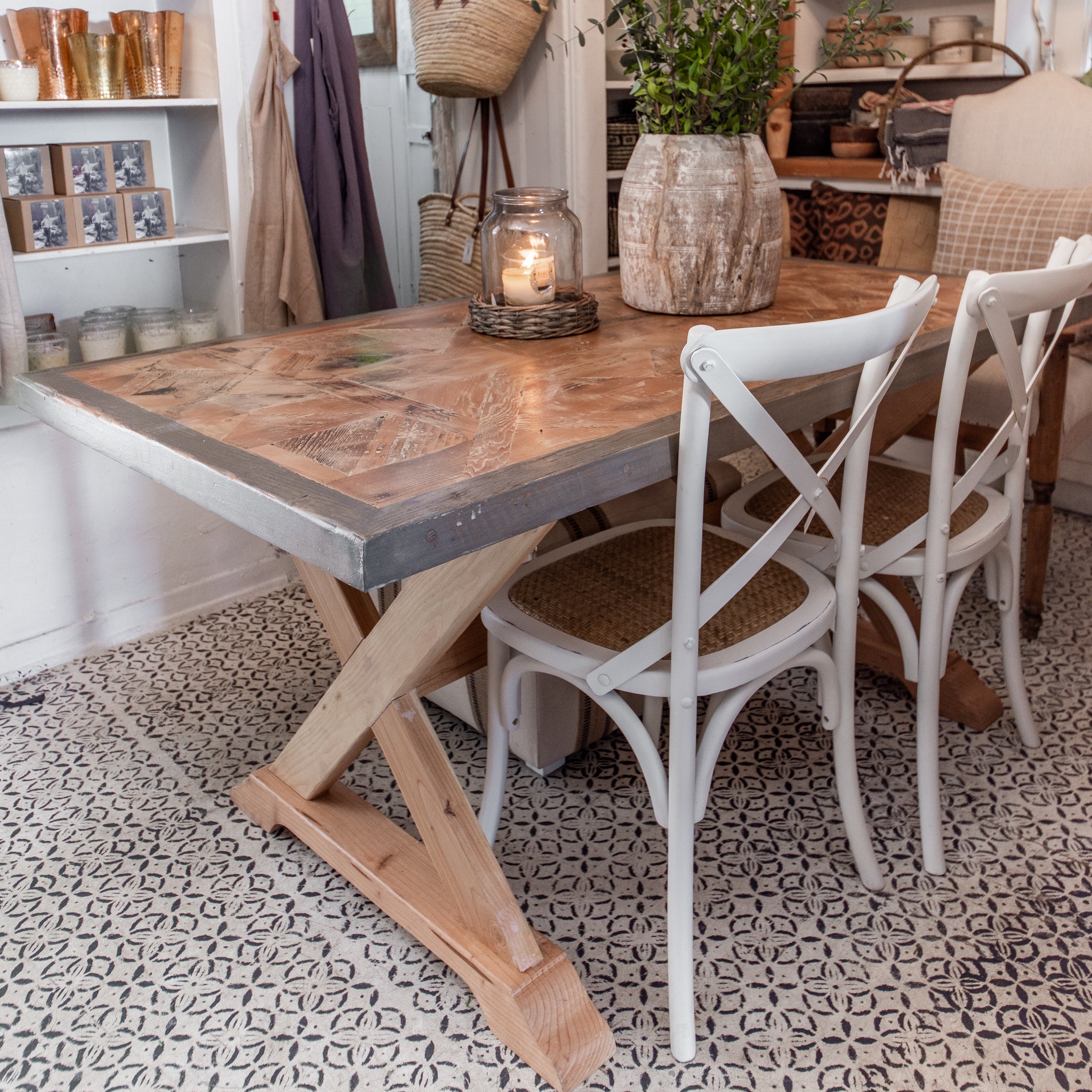 The Butternut Farm Table -X cross legged rustic wood table, reclaimed wood, metal edge around top