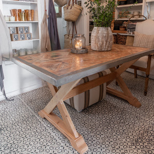 The Butternut Farm Table -X cross legged rustic wood table, reclaimed wood, metal edge around top