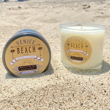 Load image into Gallery viewer, Clear glass candle with tan and black Venice Beach label