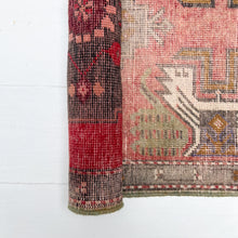 Load image into Gallery viewer, faded red, sage green, brown, tan and cream colored small Turkish rug