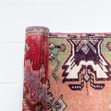Load image into Gallery viewer, peach, green, brown, white and pink colored Turkish small rug