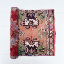 Load image into Gallery viewer, peach, green, brown, white and pink colored Turkish small rug