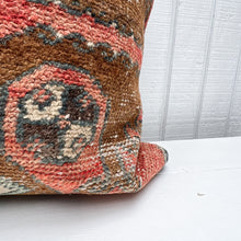 Load image into Gallery viewer, square pillow made from a Turkish rug with salmon red and brown colors