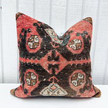 Load image into Gallery viewer, square pillow made from Turkish rug with salmon and black colors