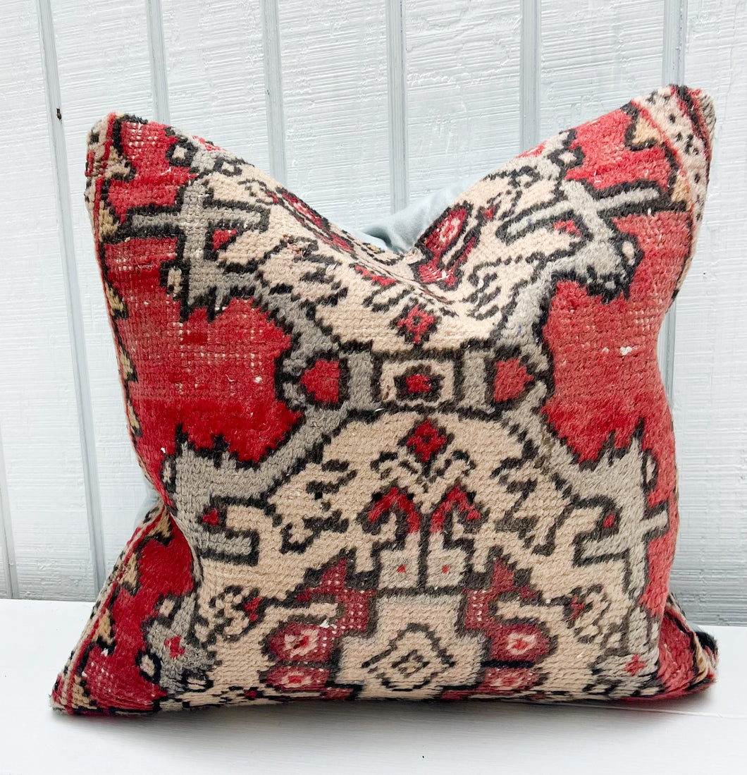 sage green, red and cream patterned Turkish rug square pillow