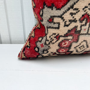 sage green, red and cream patterned Turkish rug square pillow