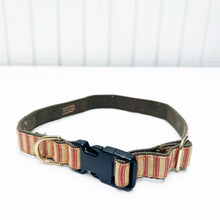 Load image into Gallery viewer, cream and red striped cotton dog collar with black plastic clip and brass ring