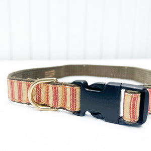 cream and red striped cotton dog collar with black plastic clip and brass ring