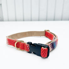 Load image into Gallery viewer, red cotton dog collar with white, black and blue detail with black plastic  clip and brass rings