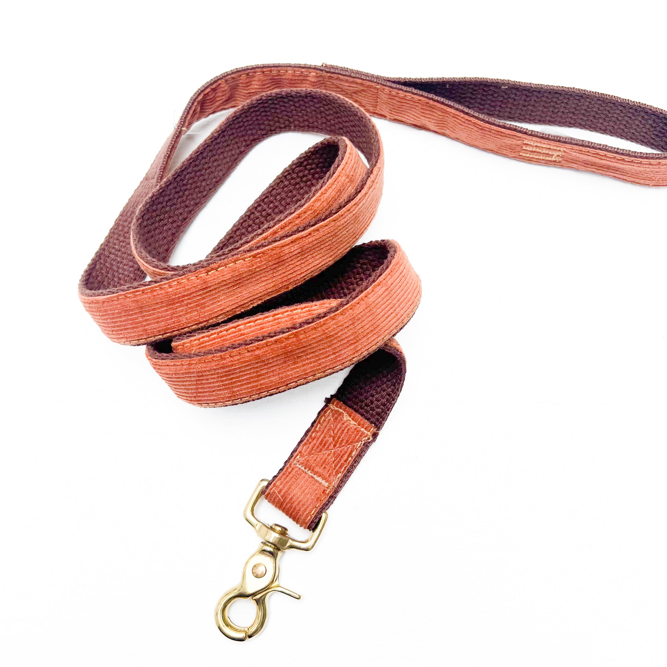 light brown corduroy fabric dog lead with brass hardware clip