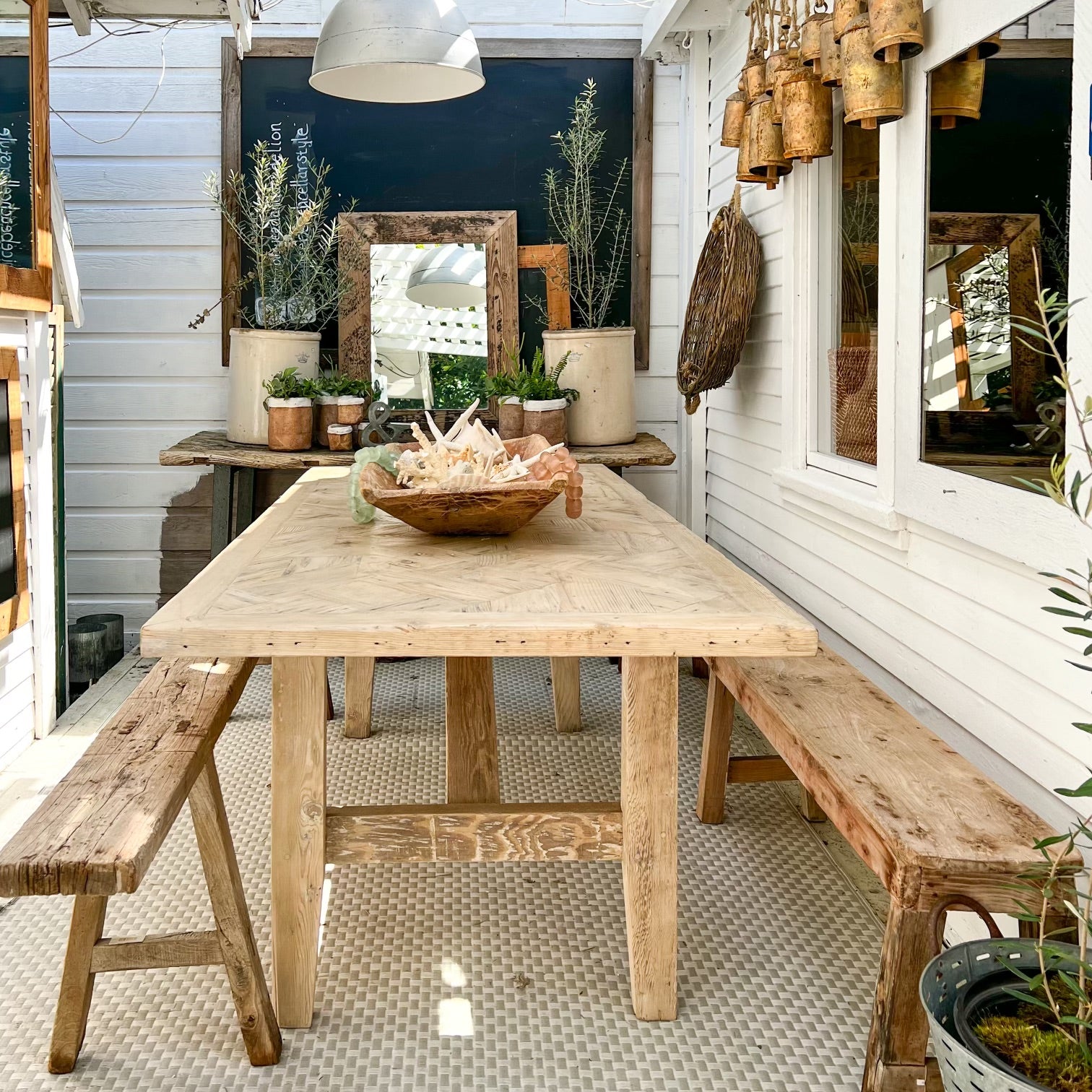 rustic dining table with repurposed wood, light bleached finish