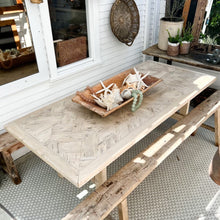 Load image into Gallery viewer, rustic dining table with repurposed wood, light bleached finish