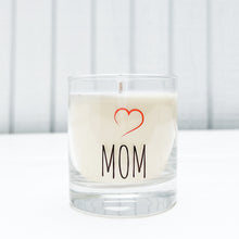 Load image into Gallery viewer, clear glass candle with MOM in black and a red heart
