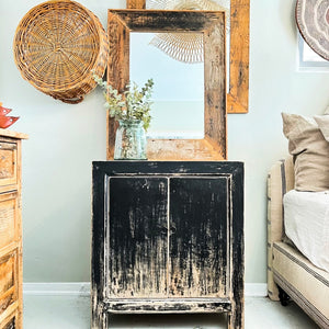 wood nightstand, two doors, distressed black  rustic paint finish
